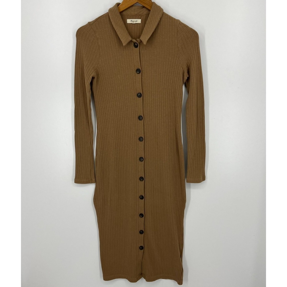 Madewell Dress Women's Size S Brown Ribbed Button Long Sleeve Midi Knit